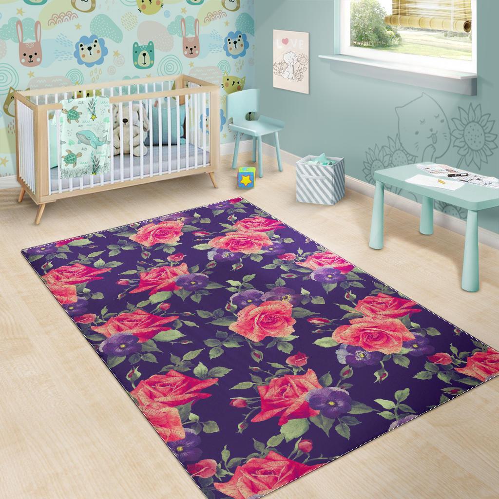 Rose Pansy Floral Flower Pattern Print Area Rug