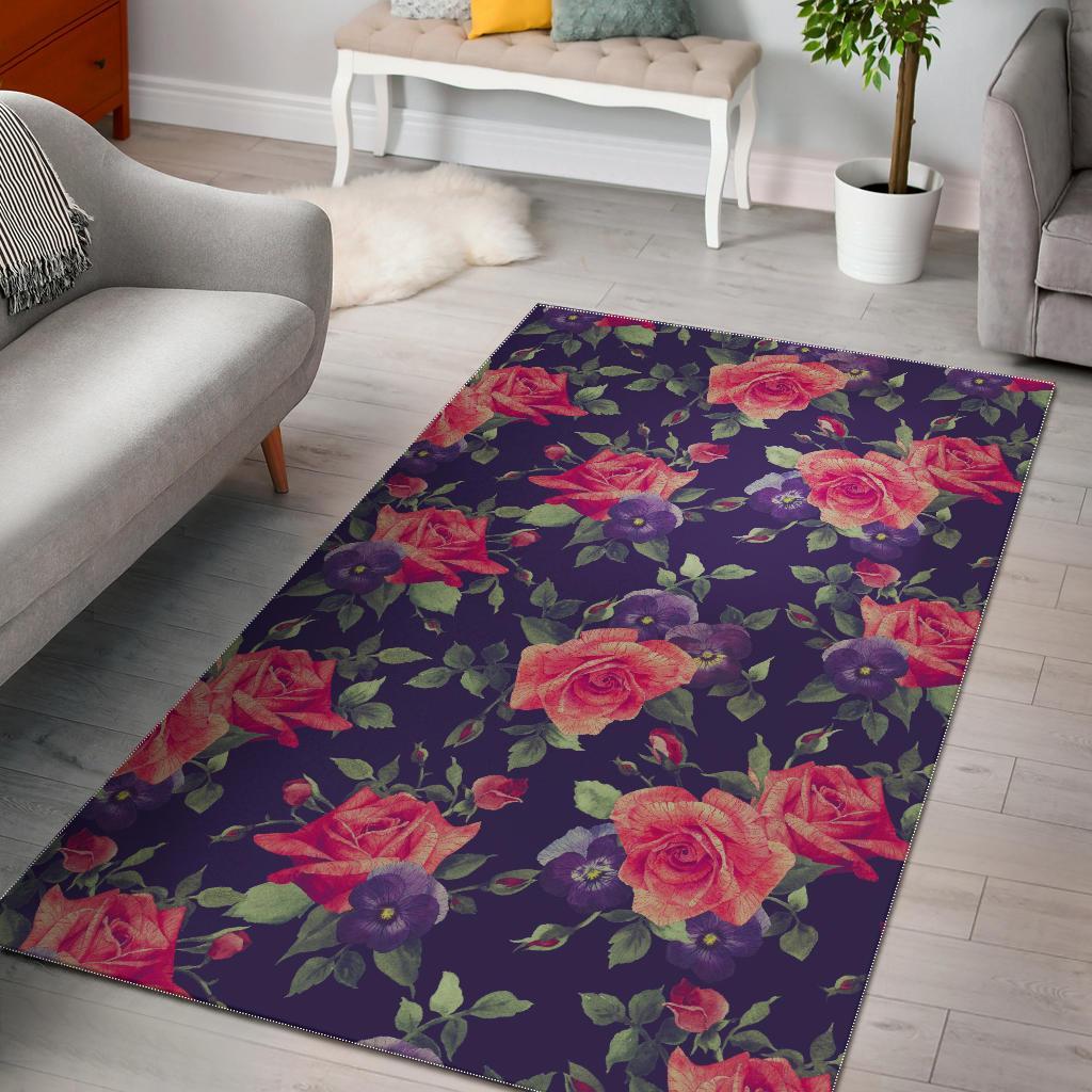 Rose Pansy Floral Flower Pattern Print Area Rug
