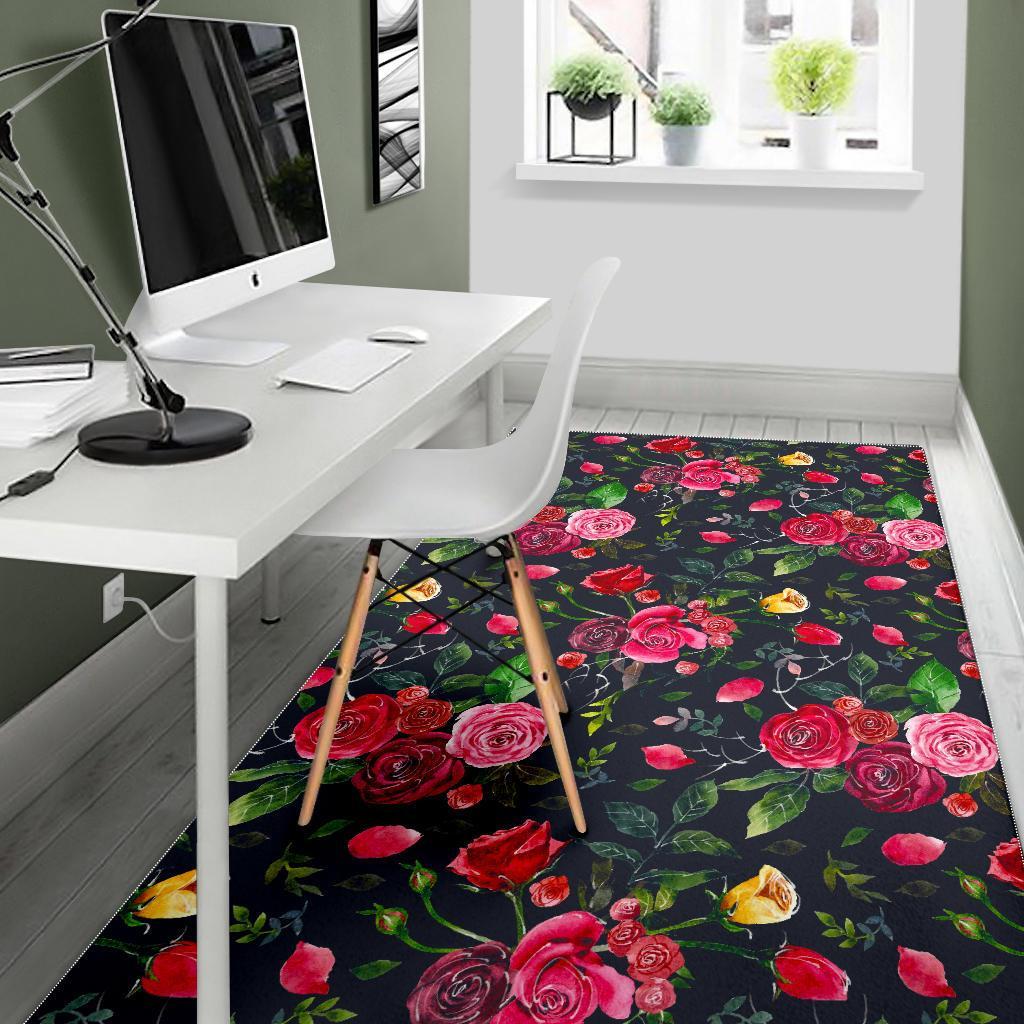 Roses Floral Flower Pattern Print Area Rug