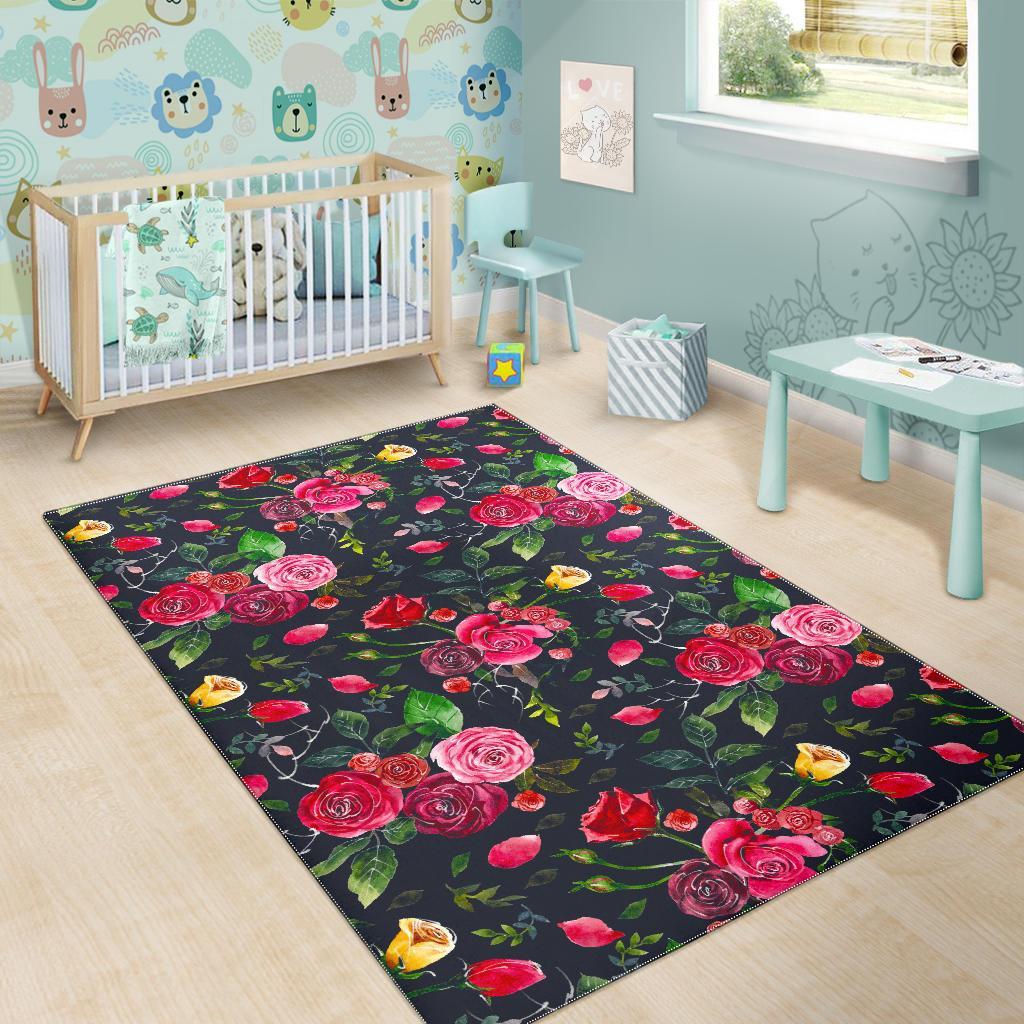 Roses Floral Flower Pattern Print Area Rug