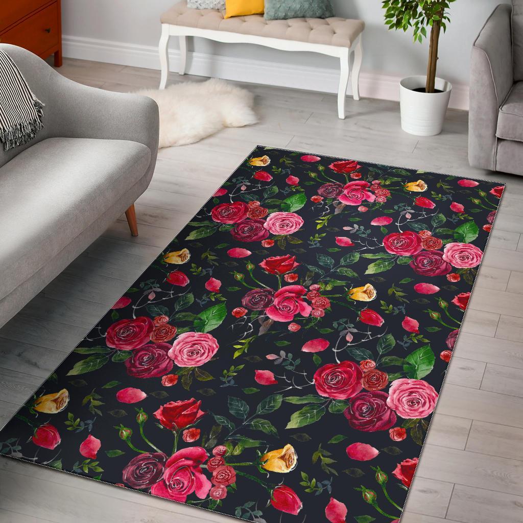 Roses Floral Flower Pattern Print Area Rug