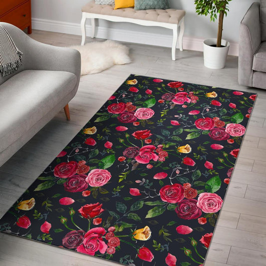 Roses Floral Flower Pattern Print Area Rug