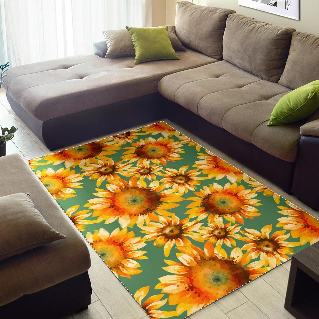 Sage Watercolor Sunflower Pattern Print Area Rug
