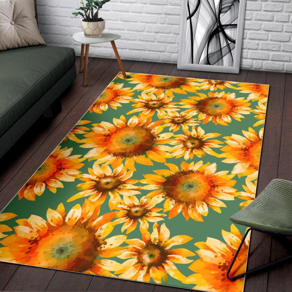 Sage Watercolor Sunflower Pattern Print Area Rug