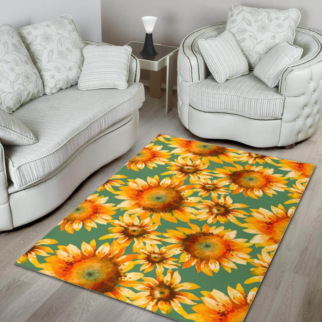 Sage Watercolor Sunflower Pattern Print Area Rug