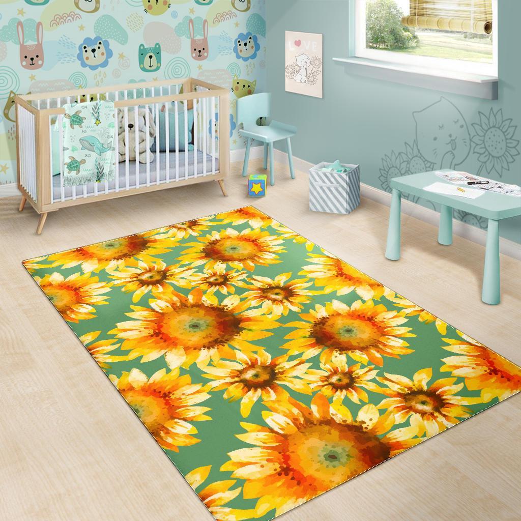Sage Watercolor Sunflower Pattern Print Area Rug