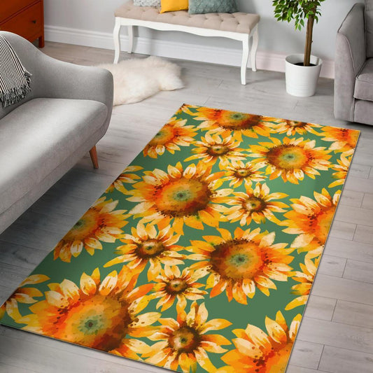 Sage Watercolor Sunflower Pattern Print Area Rug