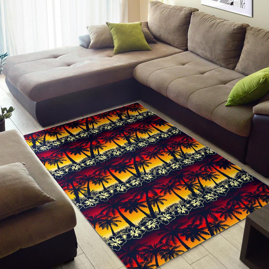 Sunset Hibiscus Palm Tree Pattern Print Area Rug