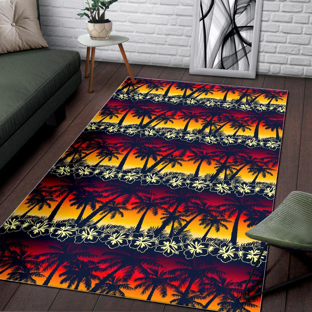 Sunset Hibiscus Palm Tree Pattern Print Area Rug