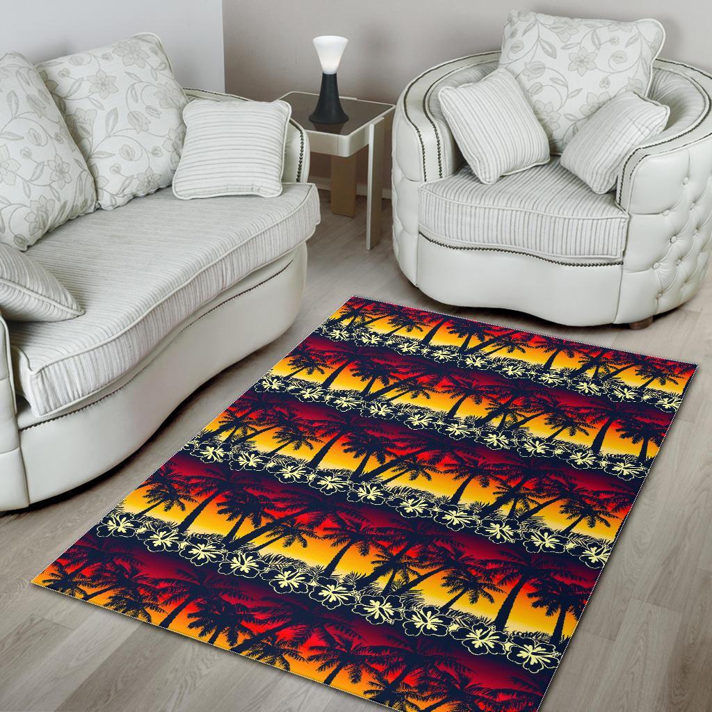 Sunset Hibiscus Palm Tree Pattern Print Area Rug
