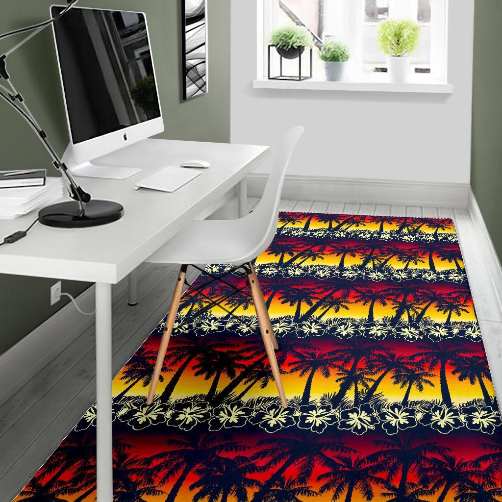 Sunset Hibiscus Palm Tree Pattern Print Area Rug