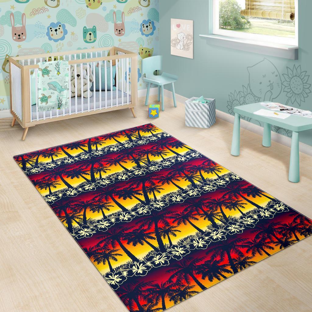 Sunset Hibiscus Palm Tree Pattern Print Area Rug