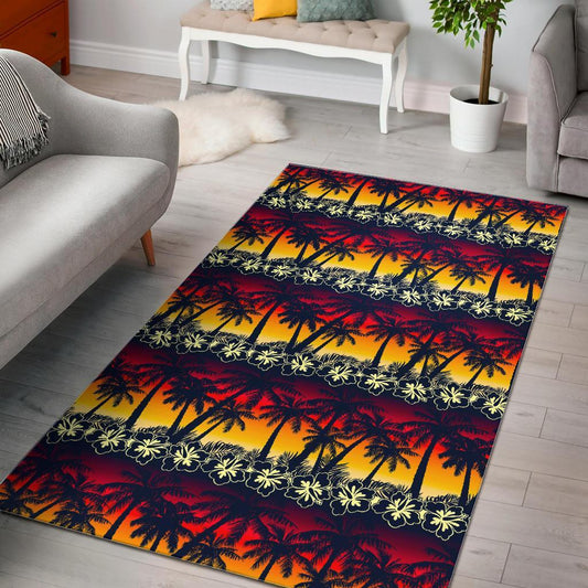 Sunset Hibiscus Palm Tree Pattern Print Area Rug