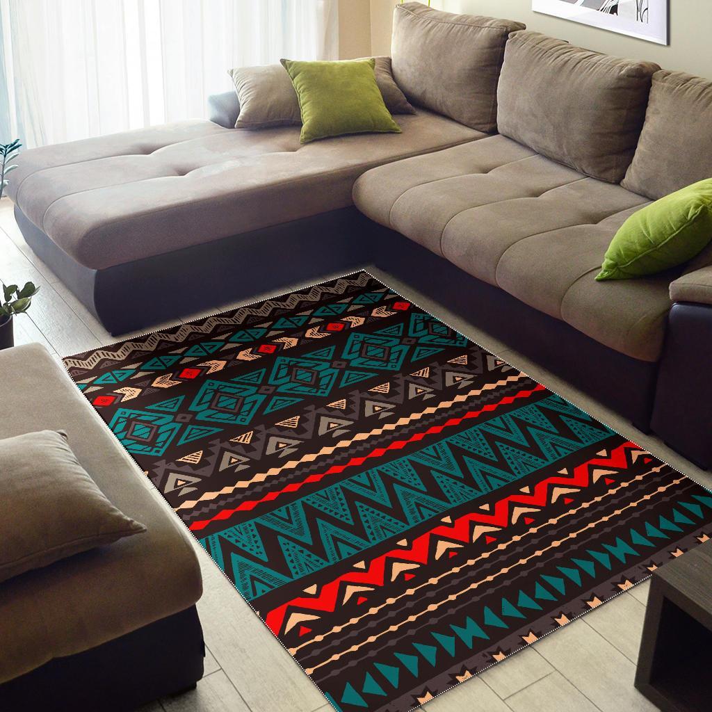 Teal And Brown Aztec Pattern Print Area Rug