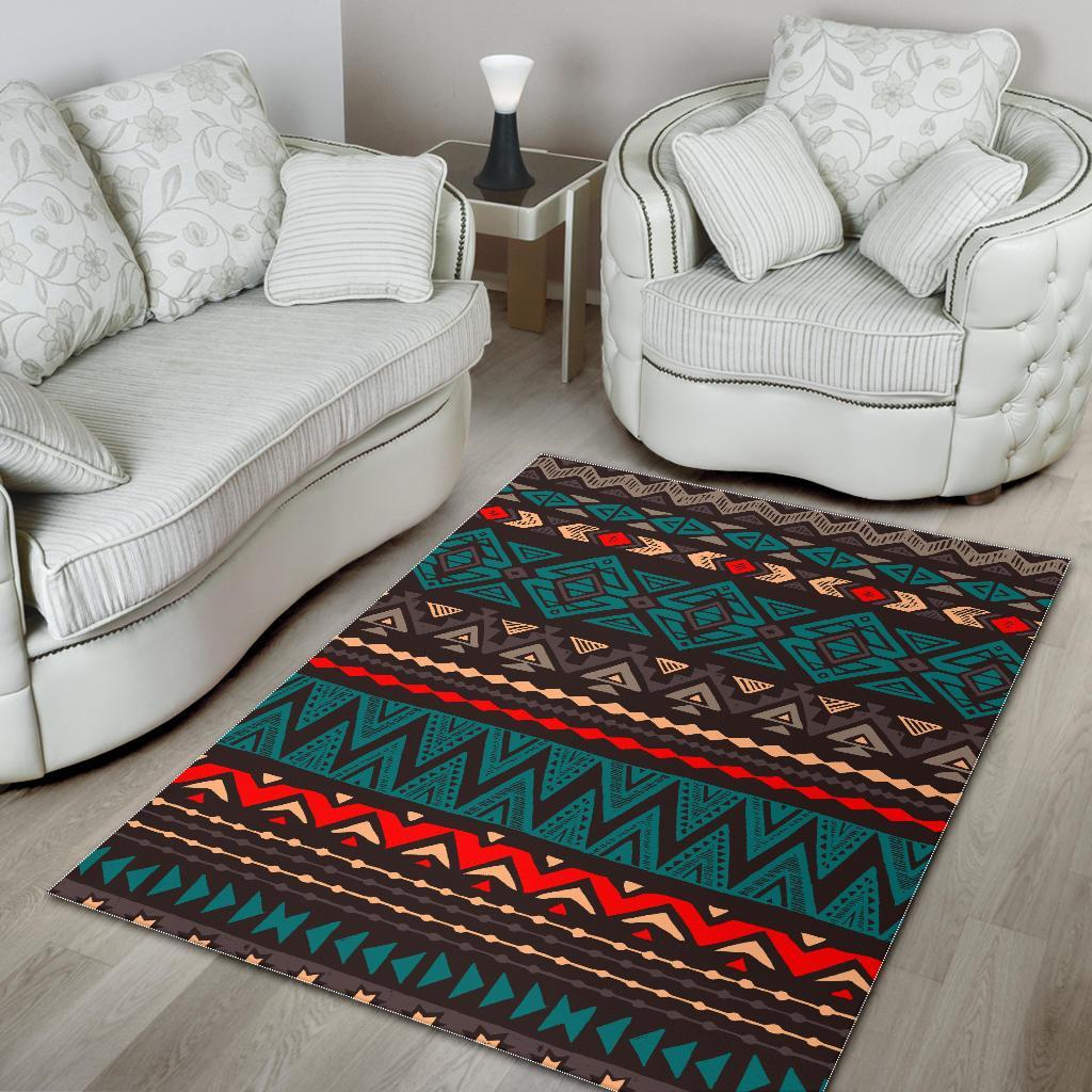 Teal And Brown Aztec Pattern Print Area Rug