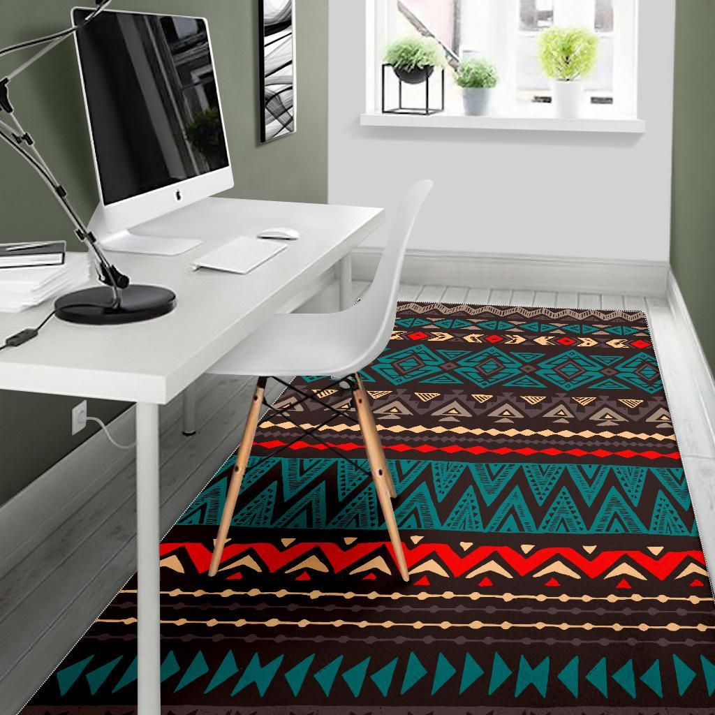 Teal And Brown Aztec Pattern Print Area Rug