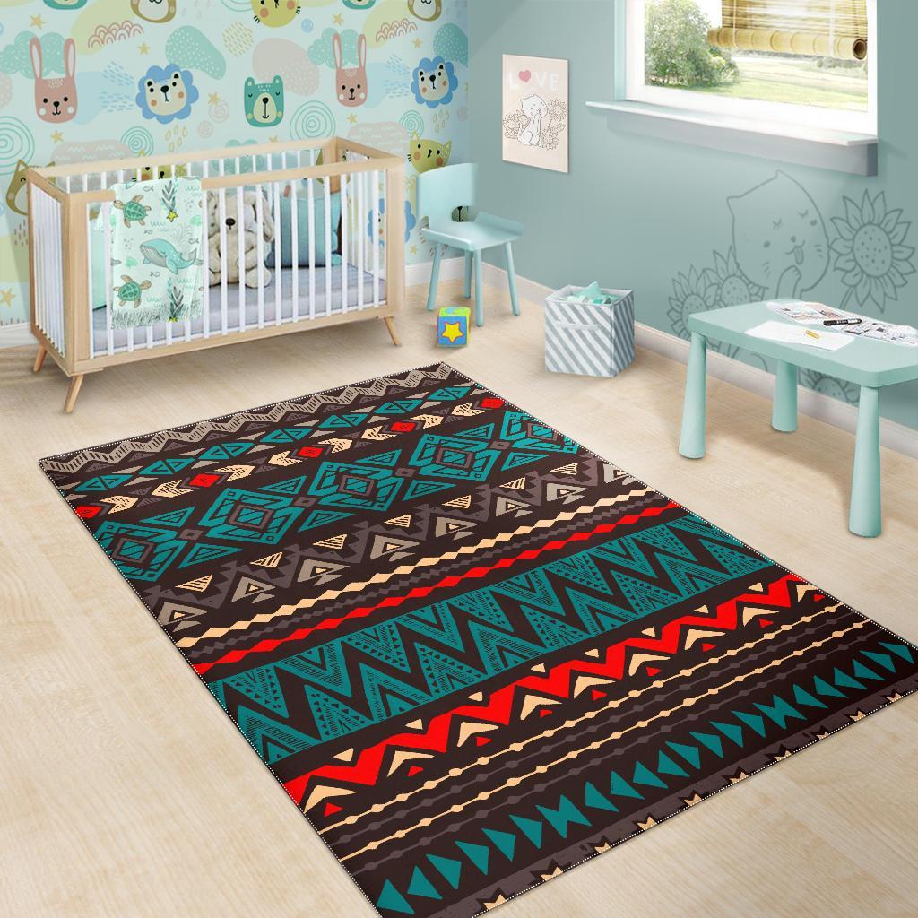 Teal And Brown Aztec Pattern Print Area Rug