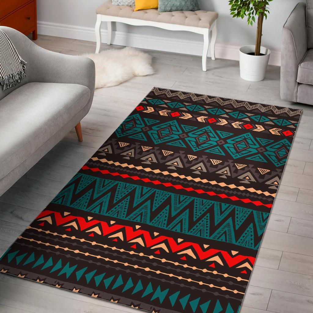 Teal And Brown Aztec Pattern Print Area Rug