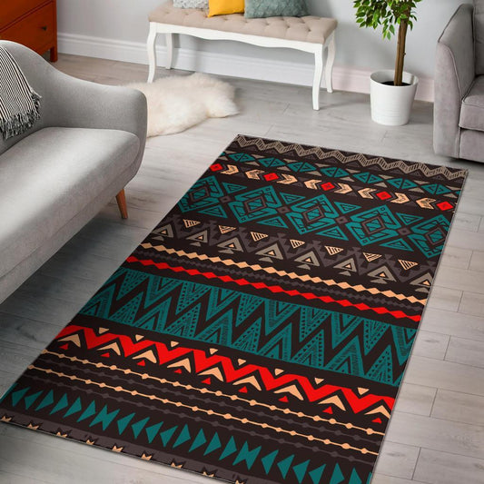 Teal And Brown Aztec Pattern Print Area Rug