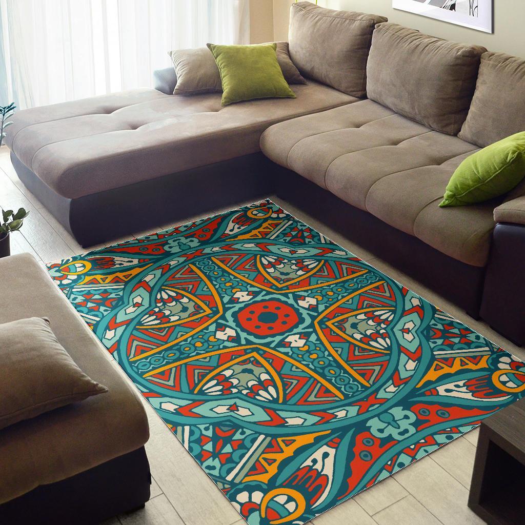 Teal Bohemian Mandala Pattern Print Area Rug
