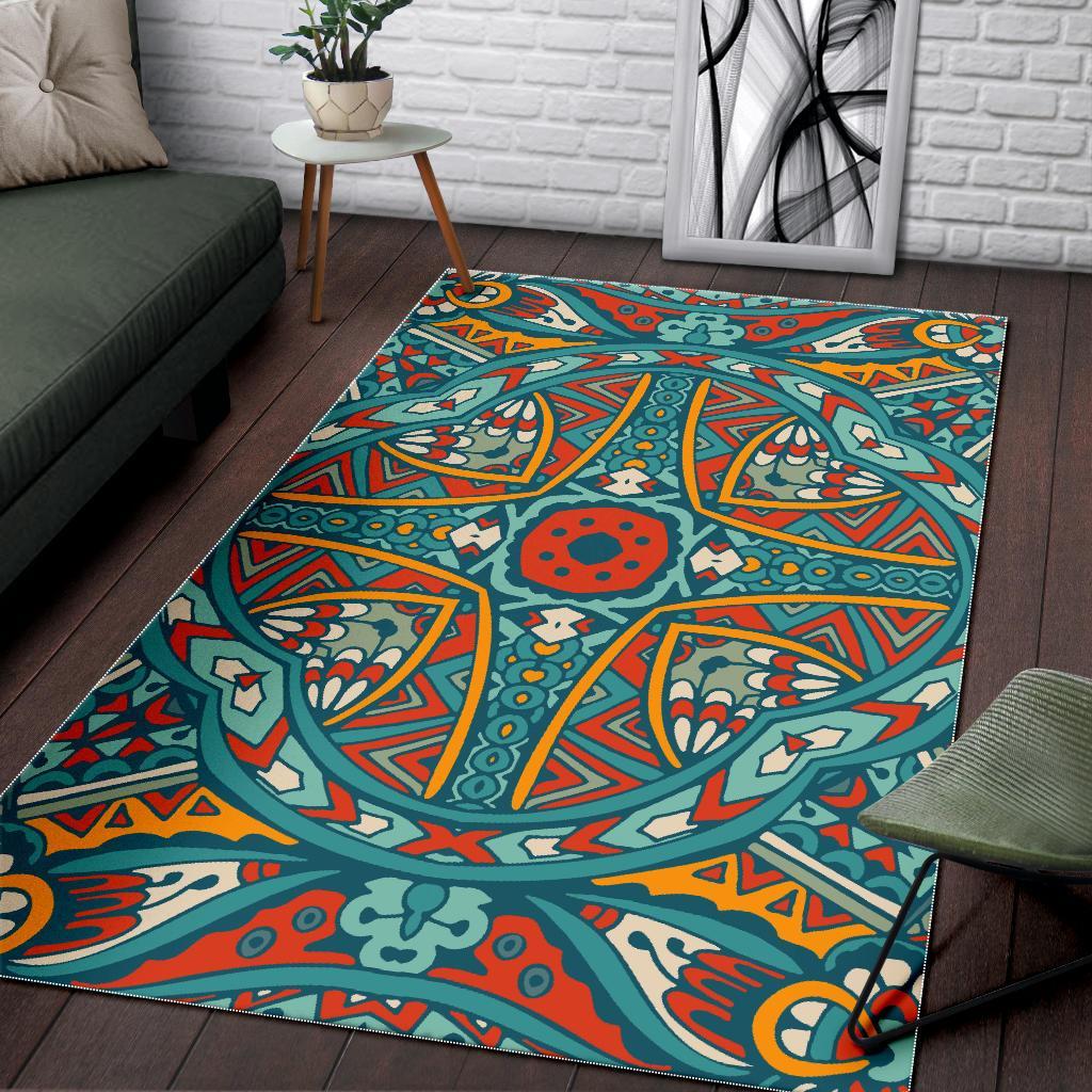 Teal Bohemian Mandala Pattern Print Area Rug