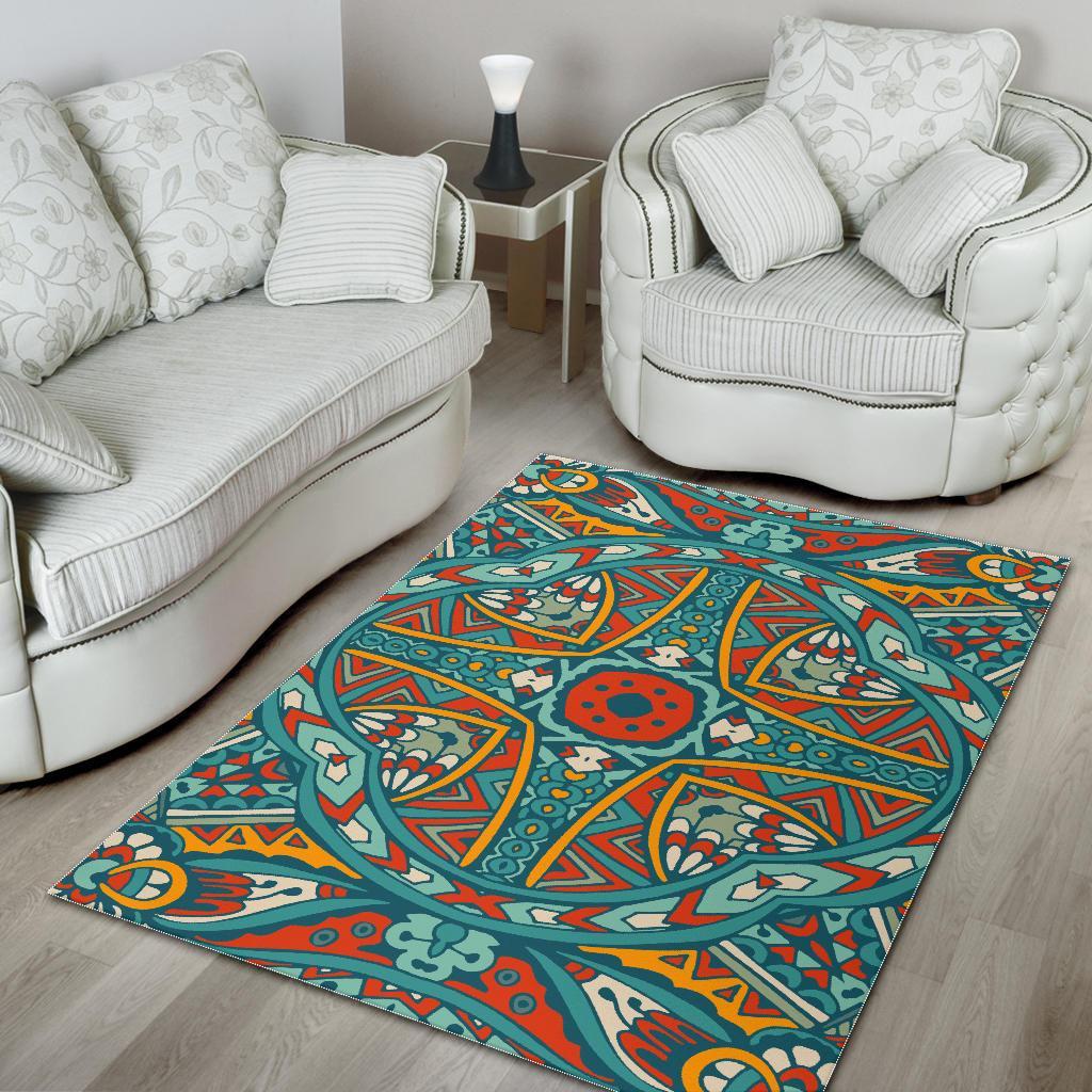 Teal Bohemian Mandala Pattern Print Area Rug