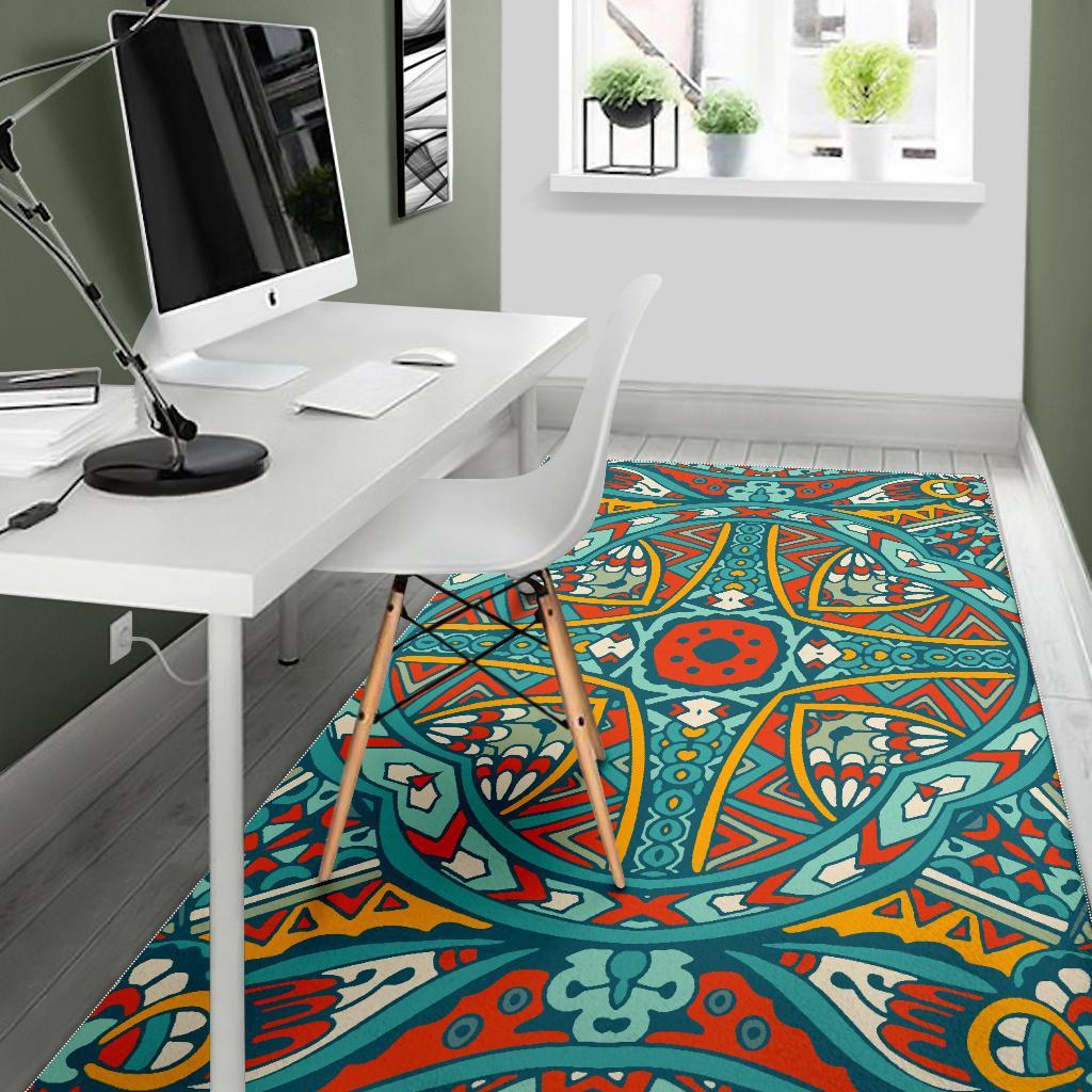 Teal Bohemian Mandala Pattern Print Area Rug
