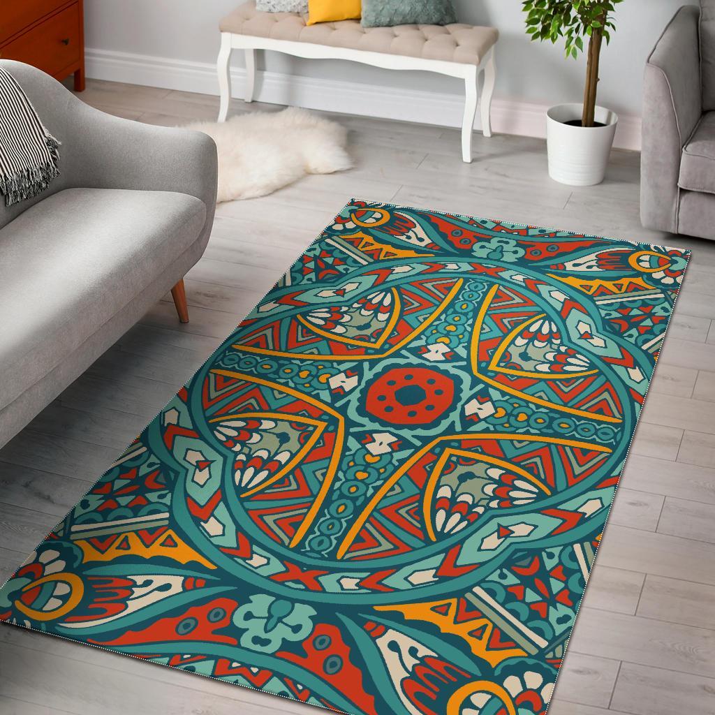 Teal Bohemian Mandala Pattern Print Area Rug