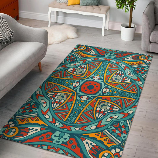 Teal Bohemian Mandala Pattern Print Area Rug