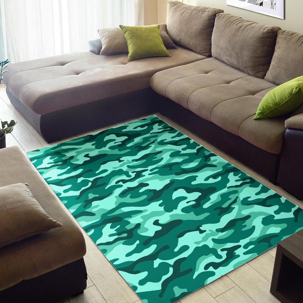 Teal Camouflage Print Area Rug