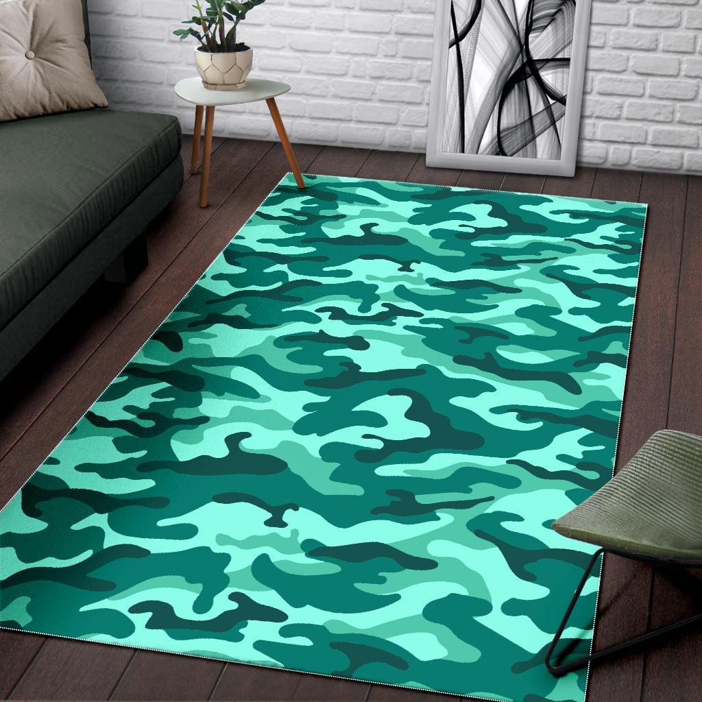 Teal Camouflage Print Area Rug