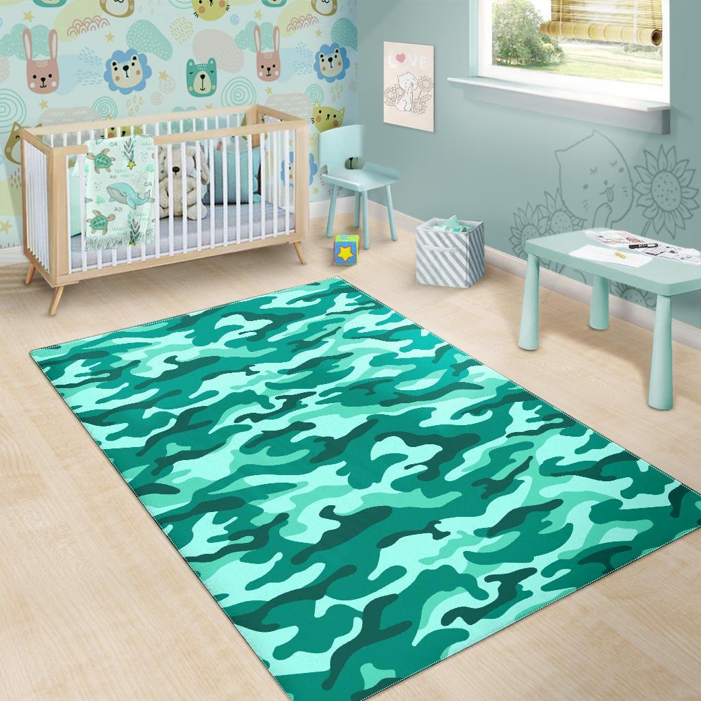 Teal Camouflage Print Area Rug