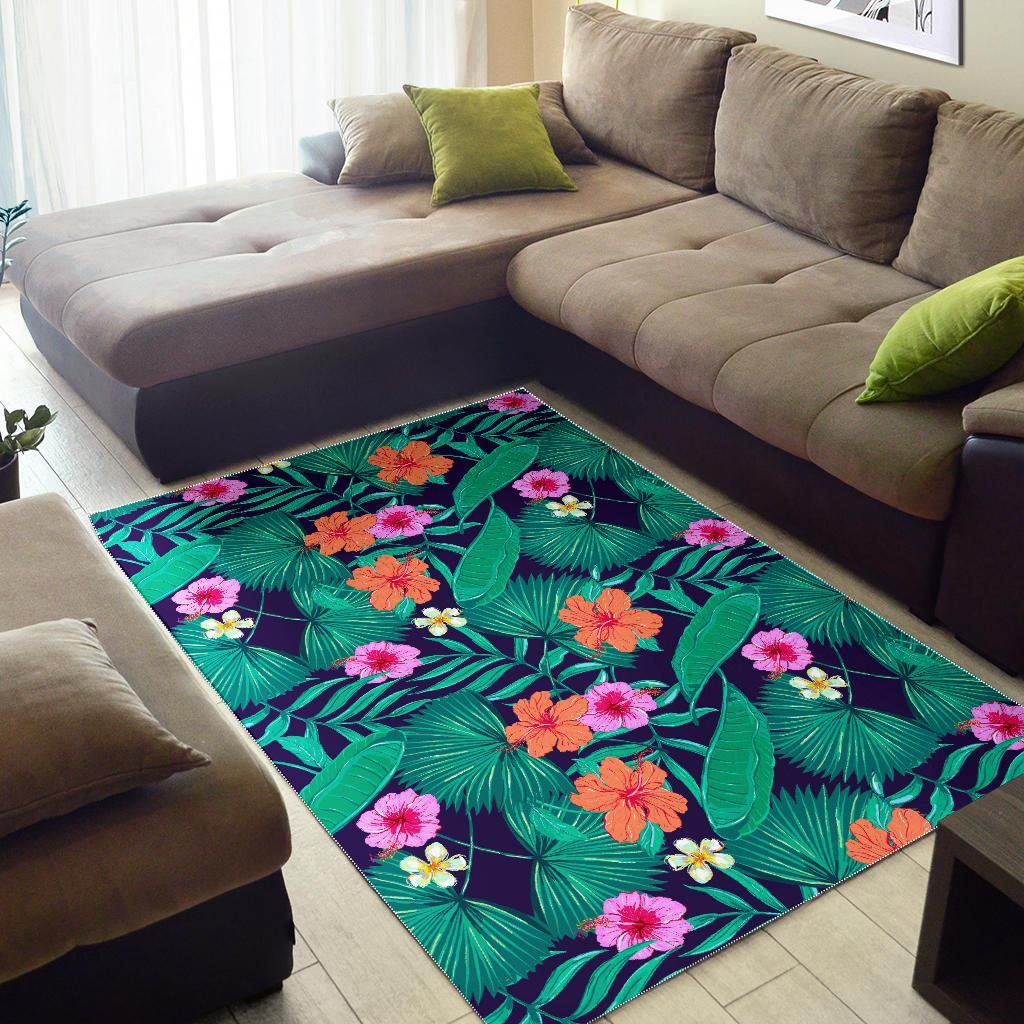 Teal Hawaiian Leaf Flower Pattern Print Area Rug