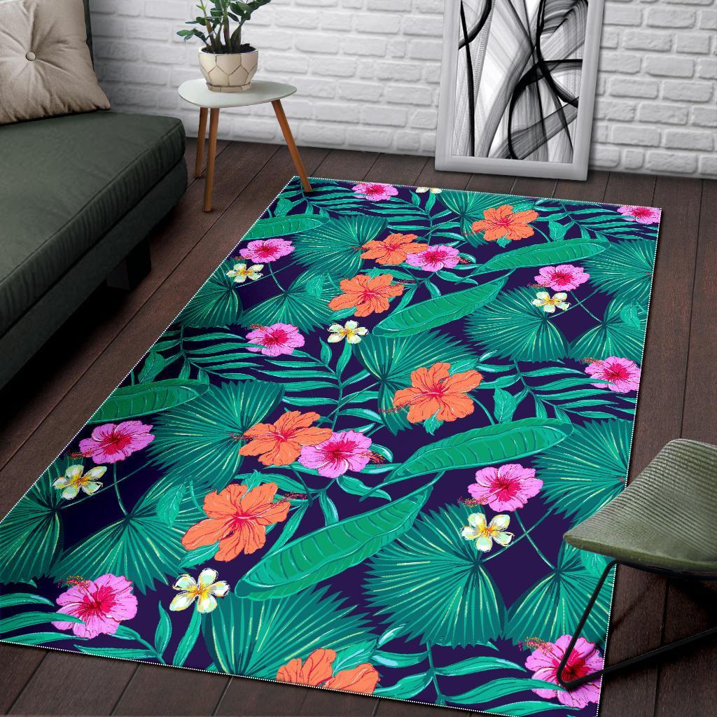 Teal Hawaiian Leaf Flower Pattern Print Area Rug