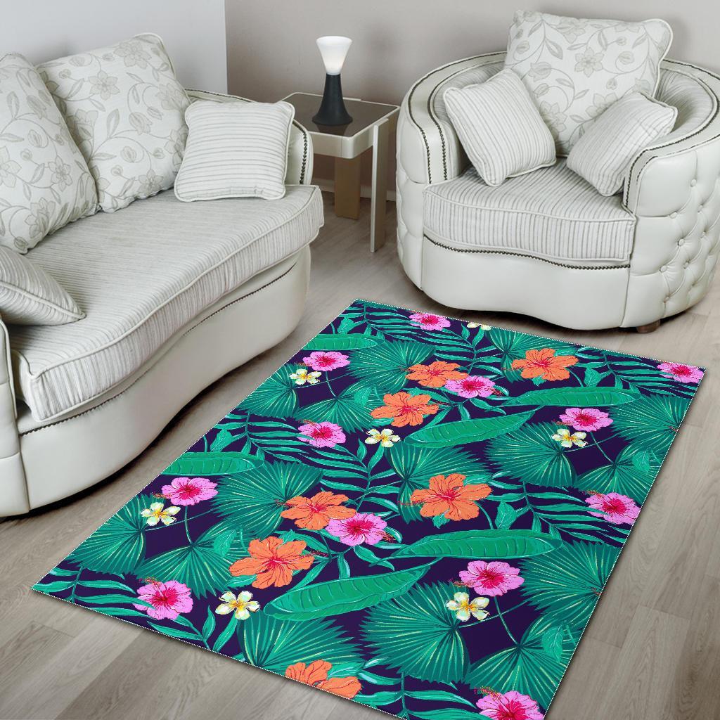 Teal Hawaiian Leaf Flower Pattern Print Area Rug