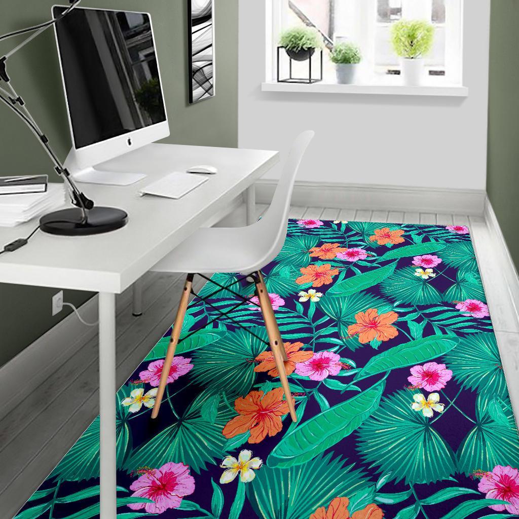 Teal Hawaiian Leaf Flower Pattern Print Area Rug