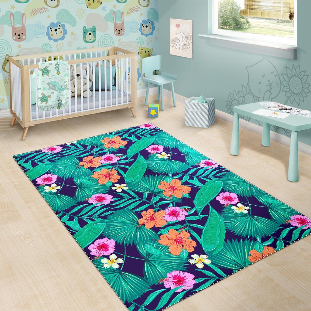 Teal Hawaiian Leaf Flower Pattern Print Area Rug
