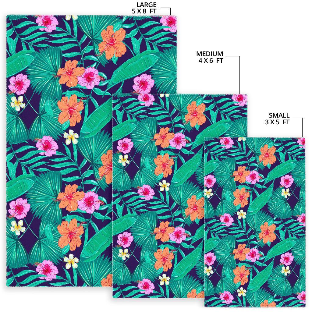 Teal Hawaiian Leaf Flower Pattern Print Area Rug