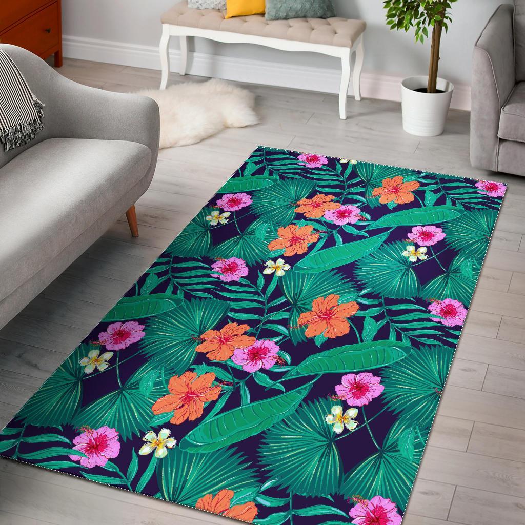 Teal Hawaiian Leaf Flower Pattern Print Area Rug