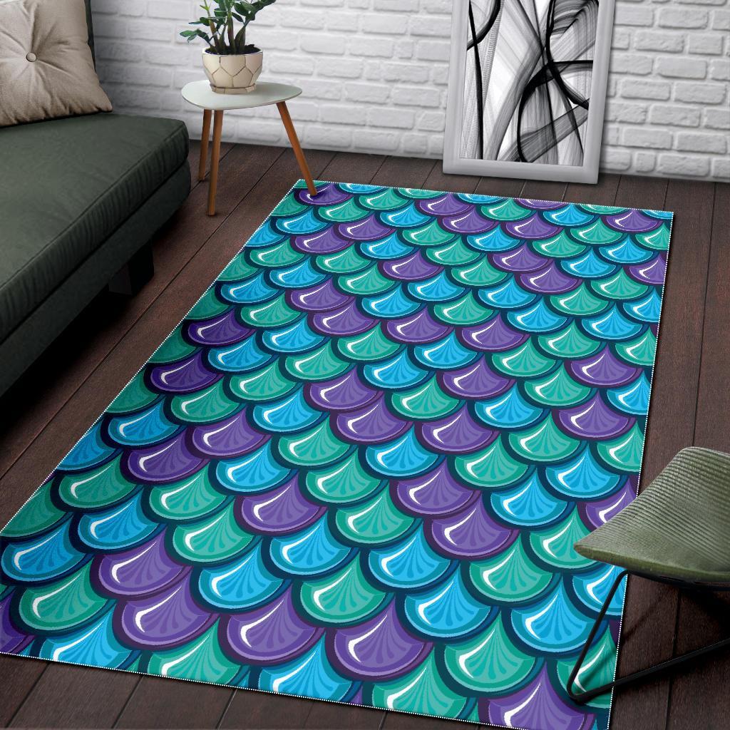 Teal Mermaid Scales Pattern Print Area Rug