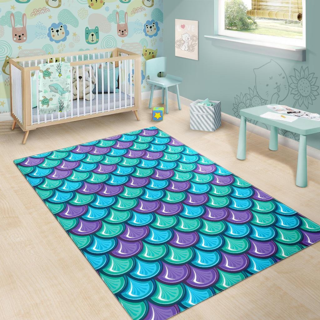 Teal Mermaid Scales Pattern Print Area Rug
