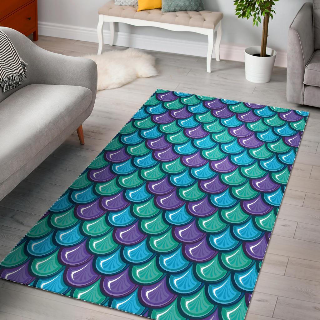 Teal Mermaid Scales Pattern Print Area Rug