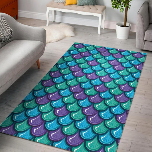 Teal Mermaid Scales Pattern Print Area Rug