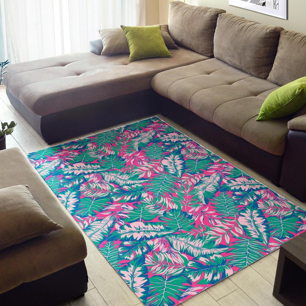 Teal Pink Blossom Tropical Pattern Print Area Rug