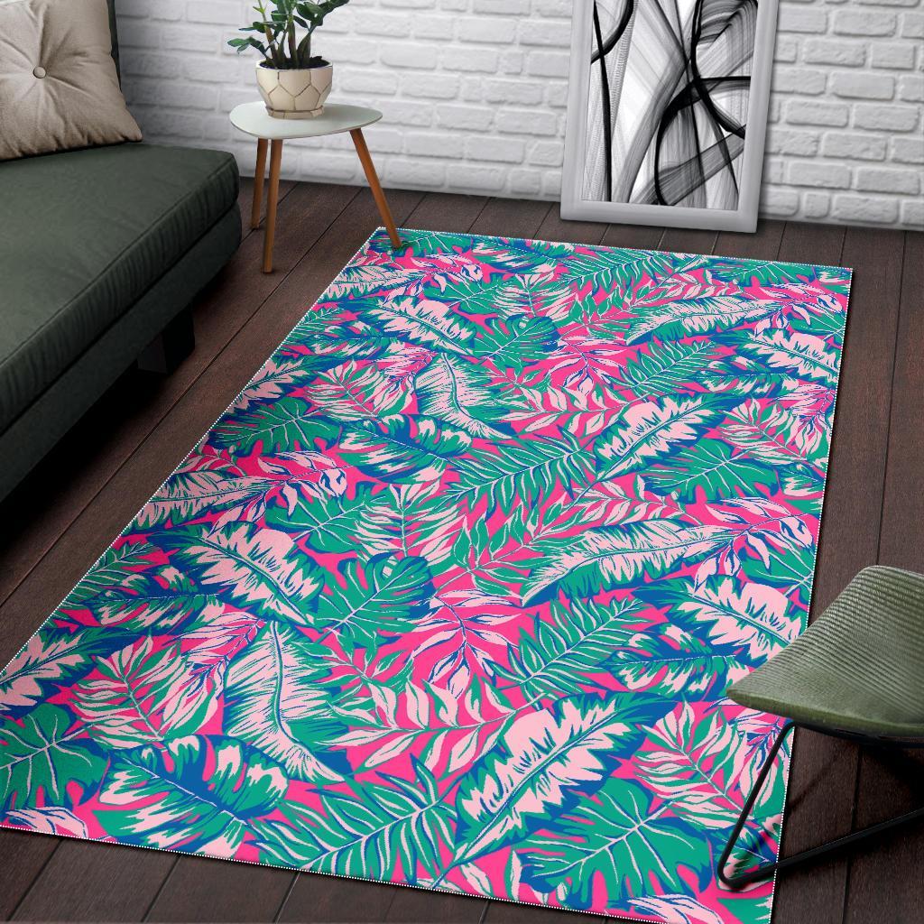 Teal Pink Blossom Tropical Pattern Print Area Rug