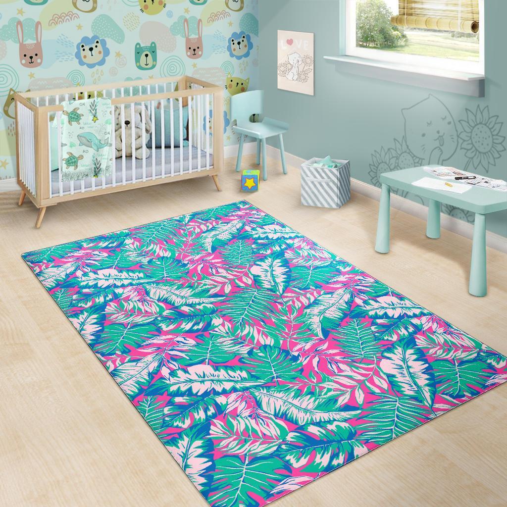 Teal Pink Blossom Tropical Pattern Print Area Rug