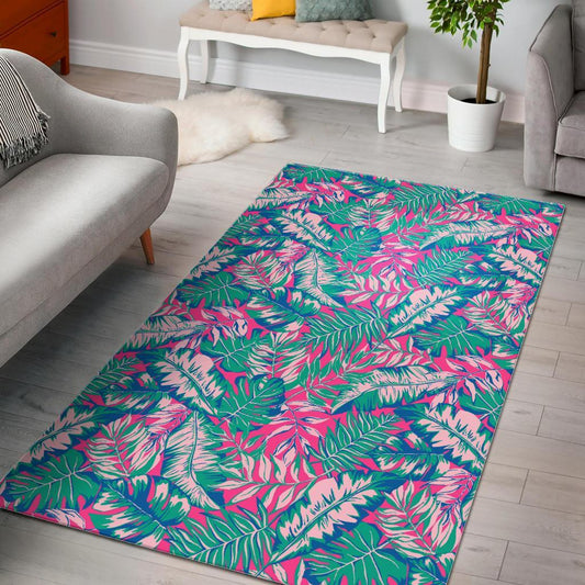 Teal Pink Blossom Tropical Pattern Print Area Rug