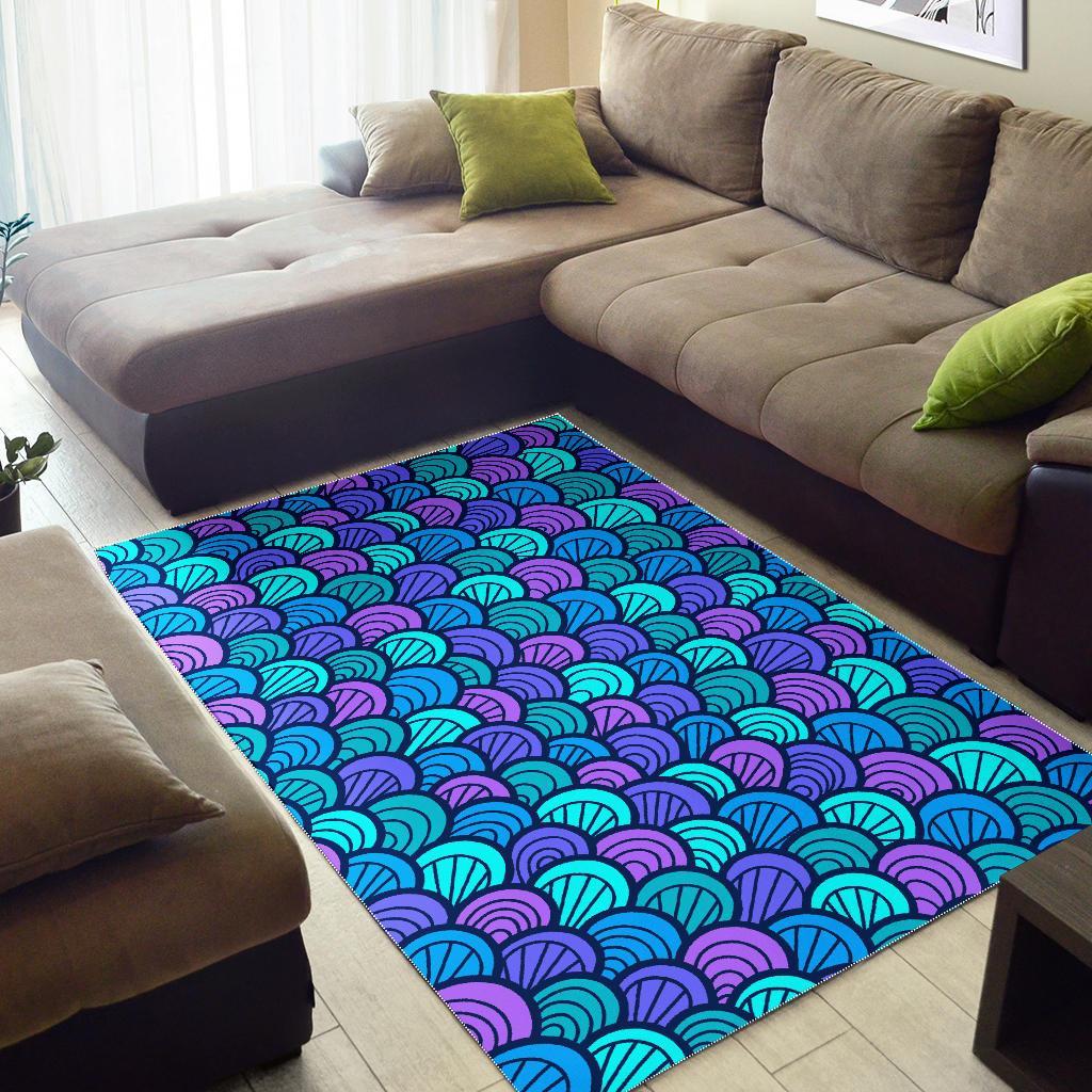Teal Pink Mermaid Scales Pattern Print Area Rug