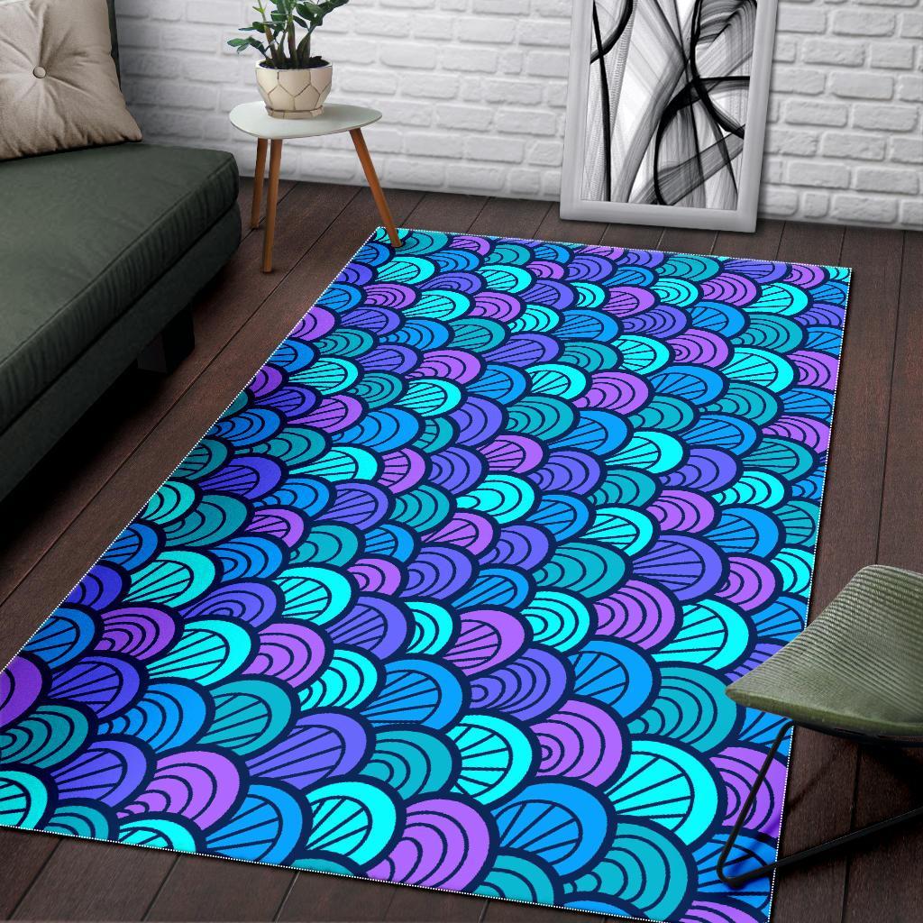 Teal Pink Mermaid Scales Pattern Print Area Rug