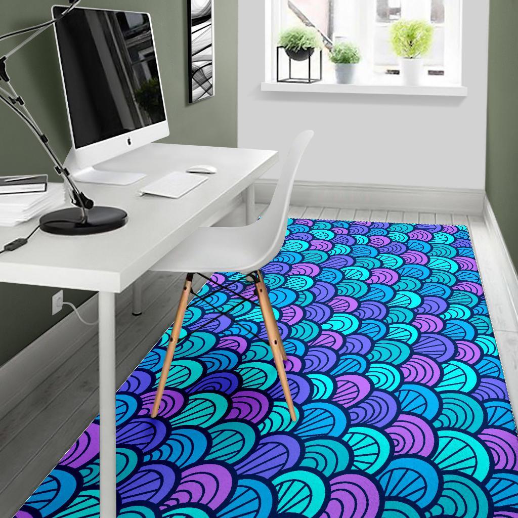 Teal Pink Mermaid Scales Pattern Print Area Rug